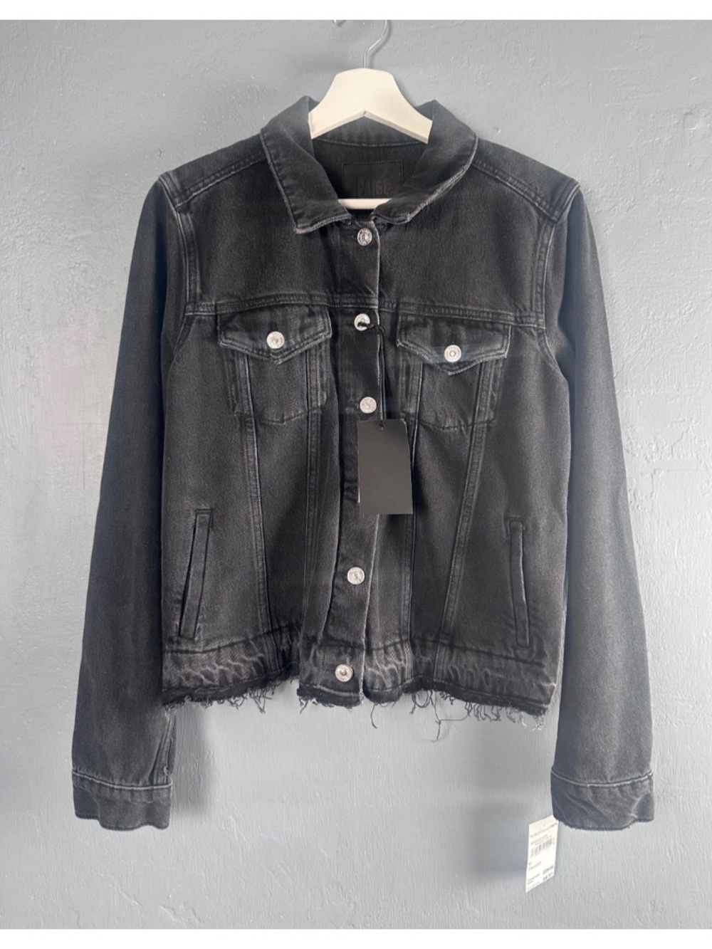 PAIGE Sz Medium Faded Black Raw Hem Cropped Trucker Denim Jacket NWT
